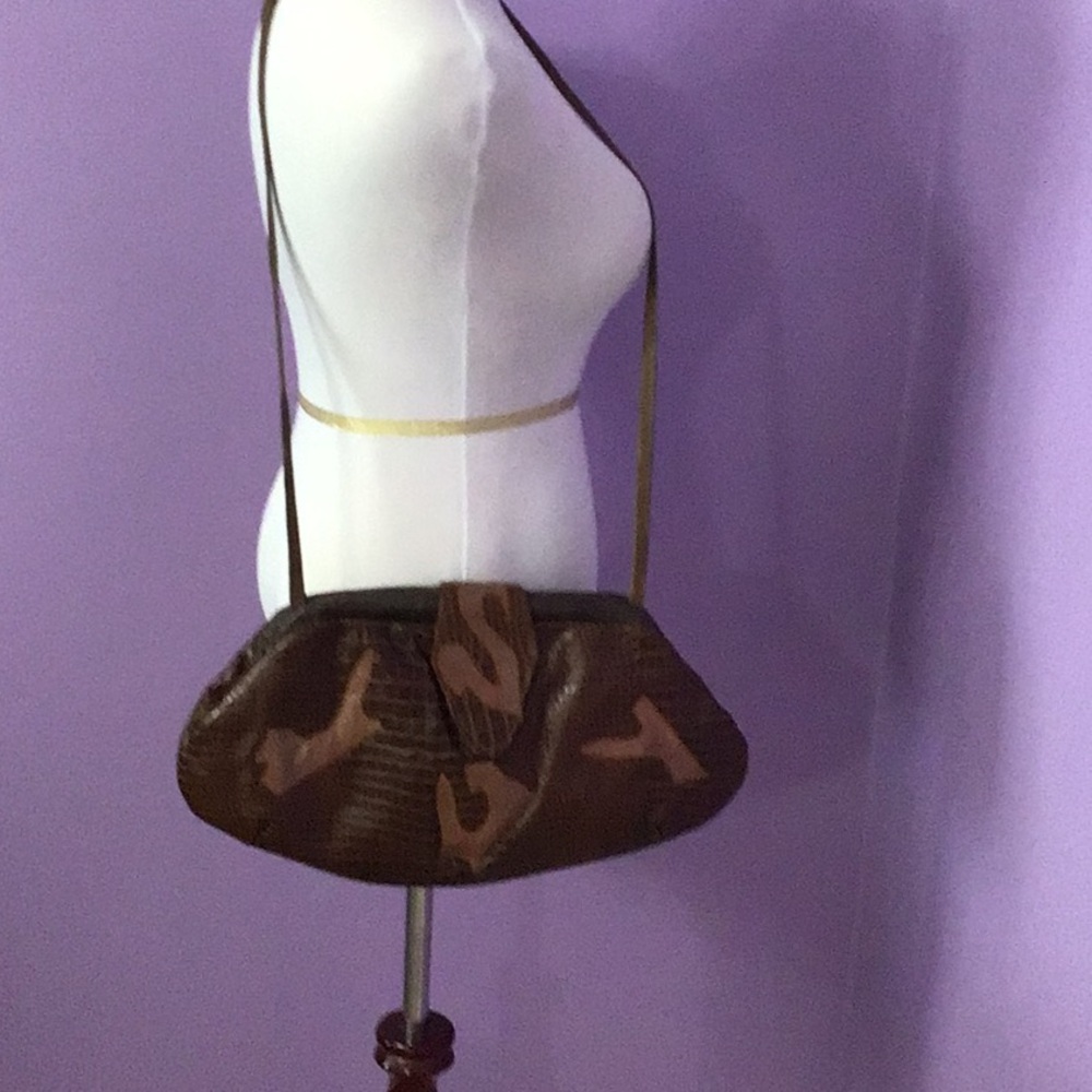 Vintage 70s Brown Genuine Leather Bag with Snake Skin Crossbody Purse Clutch